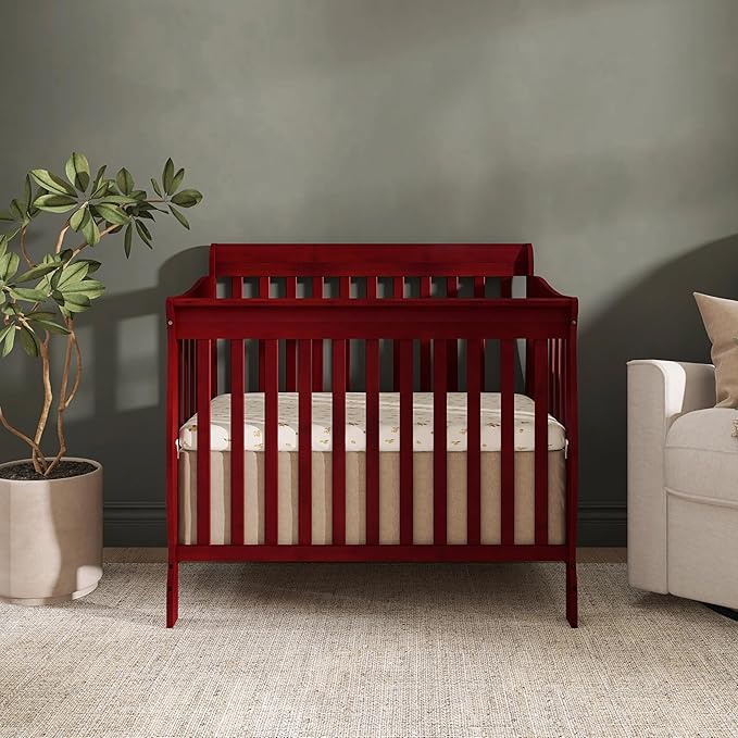 Dream On Me Aden 4-in-1 Convertible Mini Baby Crib in Cherry, GreenGuard Gold & JPMA, Sustainable Pinewood, Non-Toxic Finish, 3 Mattress Heights, Converts to Mini Day & Twin-Size Bed