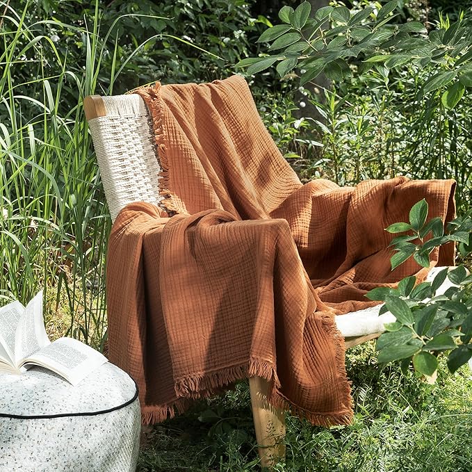 MooMee Muslin Blanket - 100% Cotton 4-Layer Gauze Throw Blanket with All-Around Fringe, Ultra-Soft Breathable Lightweight Cooling Decorative for Bed, Sofa & Couch (Drak Orange,Twin XL 66" x 90")