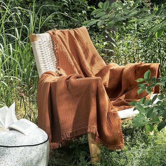 MooMee Muslin Blanket - 100% Cotton 4-Layer Gauze Throw Blanket with All-Around Fringe, Ultra-Soft Breathable Lightweight Cooling Decorative for Bed, Sofa & Couch (Drak Orange,Twin XL 66" x 90")