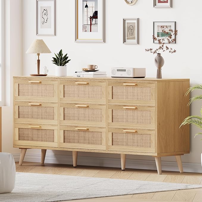 Rovaurx 9 Drawer Double Dresser for Bedroom, Rattan Chest of Dressers, Modern Wooden Dresser Chest with Golden Handles, Beside Table for Closet, Living Room and Entryway, Natural