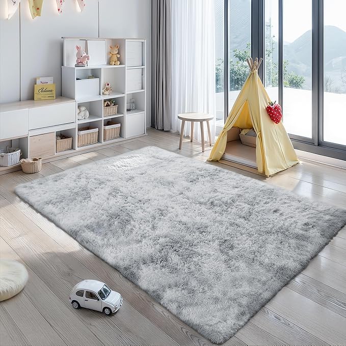 5x8 Light Grey Fluffy Shag Area Rug for Bedroom, Soft Plush Fuzzy Washable Non Slip Carpet for Living Room, Modern Cozy Furry Shaggy Large Rug for Kids Baby Boys Nursery Dorm, Tie-Dye Gray