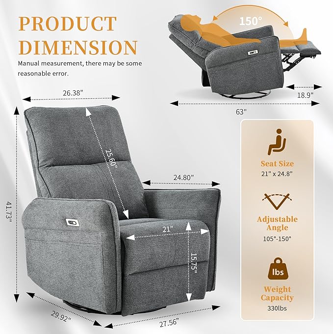 Power Swivel Rocker Recliner Chair for Nursery, Upholstered Snowflake Velvet 270°Swivel Glider Rocker Chair with USB Ports, Small Power Recliners for Small Spaces Living Room