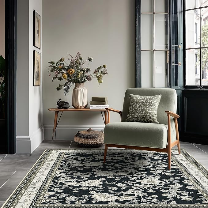 Floral Boho Rug 4x6 Washable Non Slip Area Rug Bohemian Carpet Door Mat Black Beige Taupe Floral Distressed Modern Farmhouse Sketch Style Flower for Bedroom Foldable 4x6 for Entryway Living Room
