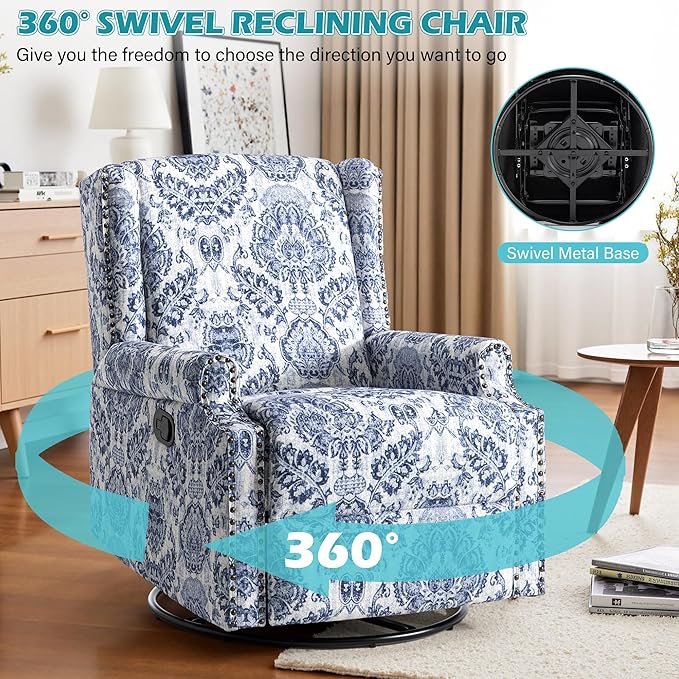 UIXE Swivel Glider Recliner Chair for Adults, High Back Nursery Rocker Floral Upholstered Armchair for Living Room, Manual Reclining Rivet Trim Sofa Lounge with Deep Seat in Fabric - Navy Blue