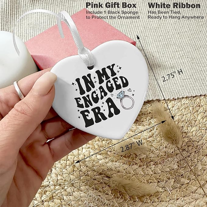 Heart Shaped Christmas Ornament-Engagement Gift for Bride to Be-Bridal Shower or Bachelorette Present for Future Mrs Fiance-Newly Engaged Keepsake-Ceramic Ornament Home Decor in My Engaged Era