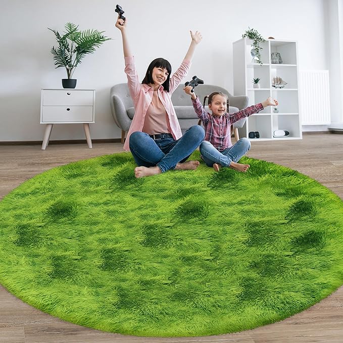 8 ft Large Fluffy Round Green Grass Area Rugs for Bedroom,Soft Shaggy Circular Rug Plush Fluffy Circle Carpet Fuzzy for Living Room Nursery Baby Toddler Room Playroom Dorm Home Decor Aesthetic