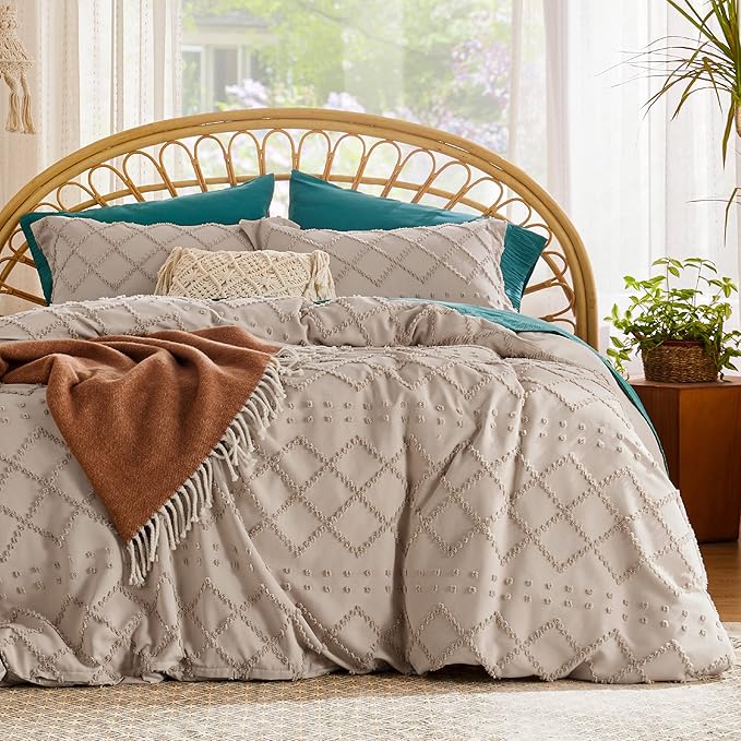 Bedsure Boho Duvet Cover King Size - Khaki Breathable & Soft Boho Bedding, Machine Washable Comforter Cover for All Seasons, Includes 1 Duvet Cover 104"x90" with 2 Pillow Shams & Zipper Closure