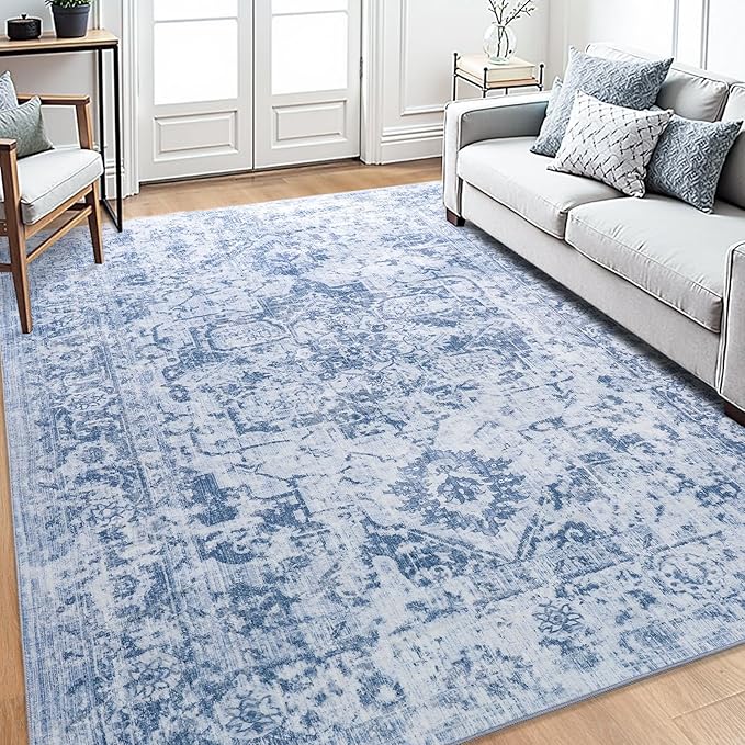 Area Rug 5x7, Washable Rug for Living Room, Large Area Rugs for Bedroom, Vintage Rug 5x7 for Dining Room, Non Slip Soft Low Pile Indoor Carpet for Kitchen, Nursery, Office, Farmhouse, Blue