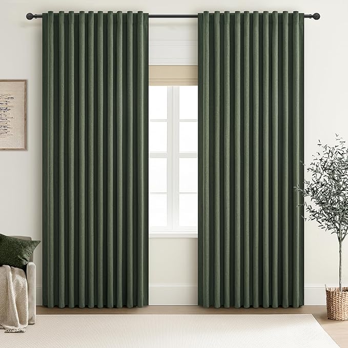 Dark Olive Green Curtains 70 Inch Length Extra Wide Pleated Black Out 84 Inch Long for Living Room, Linen Thick Sliding Glass Door Heavy Duty Insulated Large Window Drapes (70"Wx84"Lx 2Panels Loden)