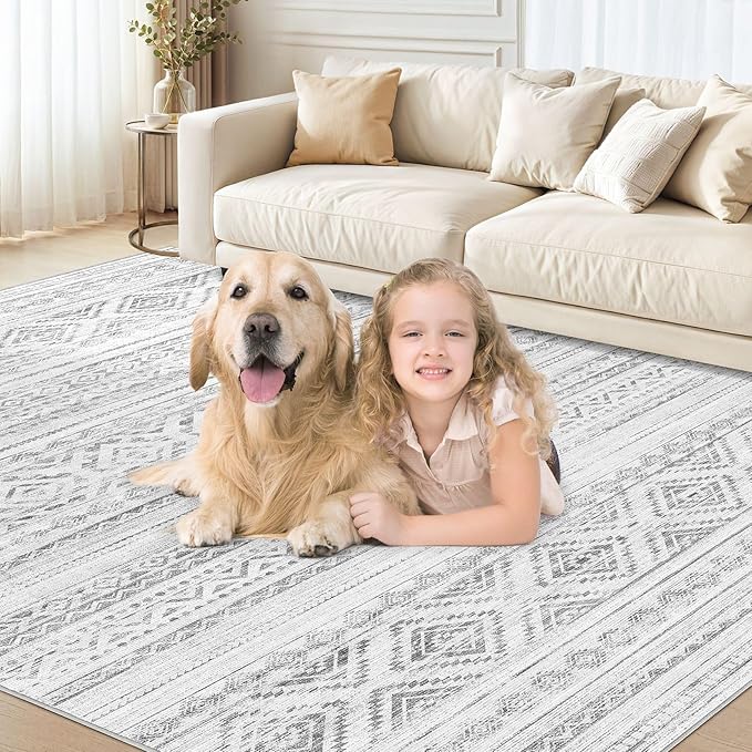 Area Rugs for Living Room Washable Living Room Rug Soft Neutral Indoor Floor Carpet Non-Slip Stain Resistant Modern Boho Rugs for Bedroom Dining Room Kids Room Nursery Office Home Light Grey
