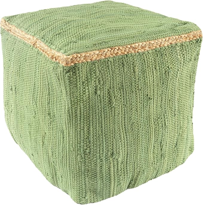 LR Home Green Bordered Hand-Loomed Cotton Blend Cube Pouf with Jute Braid for Home Decor | Transitional Foot Rest for Bedroom & Living Room | 18 x 18 x 18 Stuffed Ottoman Ottoman