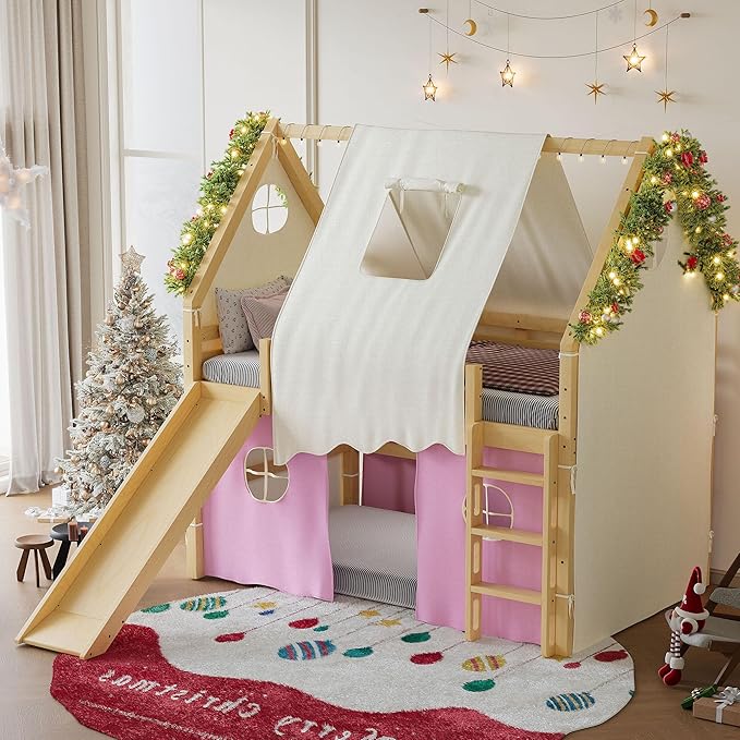 Playhouse Design Full Size Loft Bed with Slide & Tent, Solid Wood Tent Bed Frame for Kids Boys Girls, Versatile Spacious Under Bed Space, Chic Design with Lights (Natural+Pink-Full)