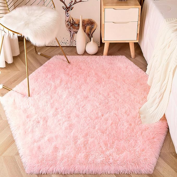 EVOIONOS Pink Hexagon Rug for Princess Tent, Fluffy Area Rug for Kids Room, 4x4.6 Feet for Girls Tent, Furry Soft Nursery Rug, Fuzzy Plush Carpet for Teen Girls Bedroom