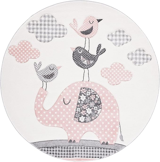 SAFAVIEH Carousel Kids Collection Area Rug - 5'3" Round, Pink & Ivory, Animal Design, Non-Shedding & Easy Care, Ideal for High Traffic Areas for Boys & Girls in Playroom, Nursery, Bedroom (CRK127P)