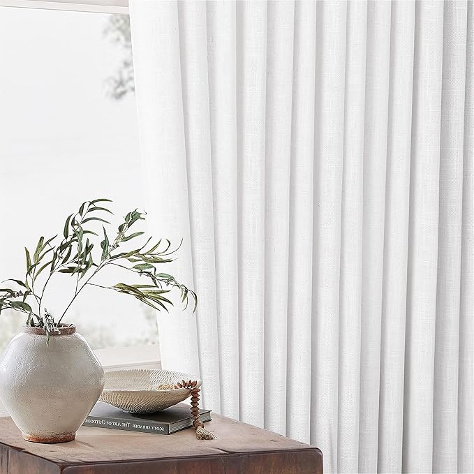 60 Inch Width Curtains 90 Inches Long Linen Curtains Pinch Pleated 90 Inch Length for Living Room Bedroom White Semi Sheer Back Tab Hooks Rings Pinch Pleat for Patio Glass Door 1 Panel