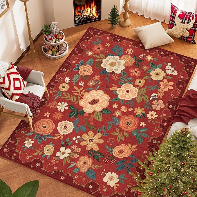 DUKINO 8x10 Area Rug, Floral Rugs for Living Room, Lightweight Non Slip Washable Rug, Indoor Low Pile & Non-Shedding Boho Design Rugs for Bedroom, Living Room, Dining Room, Red