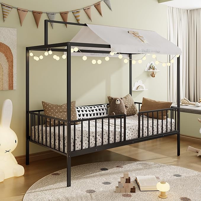 Harper & Bright Designs Twin Floor Bed Frame with Canopy and Guardrails, Metal Montessori Floor Bed with High Fence, Canopy Bed for Kids with Sturdy Metal Slats Support, Easy Assembly,Black