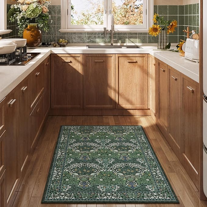 2x3 Washable Dark Green Floral Area Rug for Living Room, Non-Slip Soft Floral Print Vintage Boho Carpet, Forest Green Low Pile Rugs for Bedroom, Dining Room, Indoor Decor