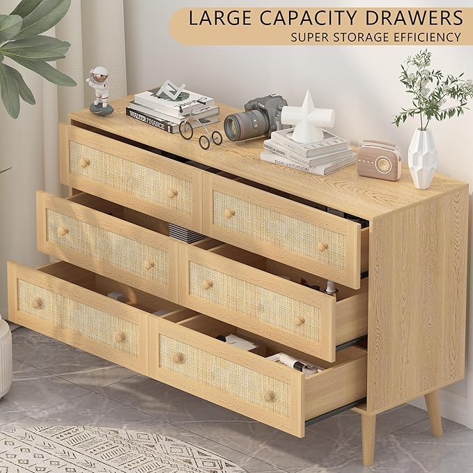 Rattan Dresser for Bedroom, Modern 6 Drawer Dressers & Chest of Drawers, Natural Boho Dresser with Handles Wood Storage Organizer Modern Dressers for Closet, Hallway, Office