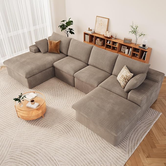 136" Cloud Modular Sectional Sofa with 1 Ottoman, Modern Upholstered Corduroy Couches, Deep Seat Boneless Couch, Comfort U Shaped Sofa for Living Room, No Assembly Required(Camel,Left Facing Chaise)