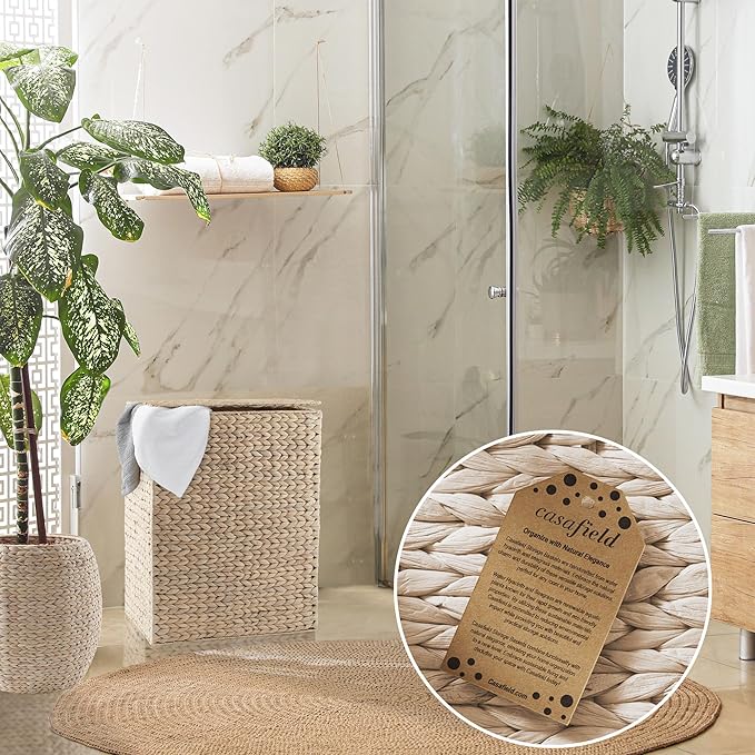 Casafield Large Laundry Hamper with Lid and Removable Liner Bag - Whitewash, Woven Water Hyacinth Rectangular Laundry Basket Sorter for Clothes Towels