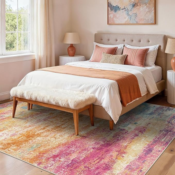 Area Rugs 8x10 Washable Pink Rug for Living Room Nursery, Modern Abstract Large Rug Non Slip, Water Repellent Low Pile Soft Carpet for Bedroom, Dining Room, Home Office, Colorful Pink