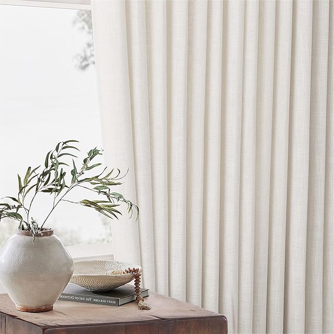 Extra Wide 60 Inch Width Pinch Pleated Curtains 96 Inch Length for Living Room Thick Linen Boho Curtain Memory Shape Light Filtering Privacy for Bedroom Large Windows Hooks Rings Cream 1 Panel 60x96