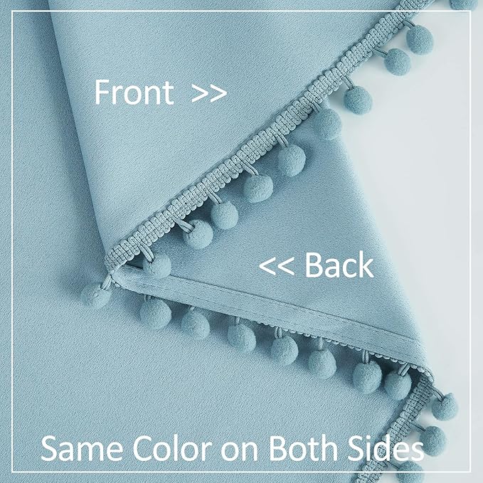 Treatmentex Pom-Pom Blue Curtains Living Room 90 inches Energy Efficient Thermal Insulated Room Darkening Curtain Panels for Bedroom Window Draperies Nursery Room Children 52" w x2 Panels Rod Pocket