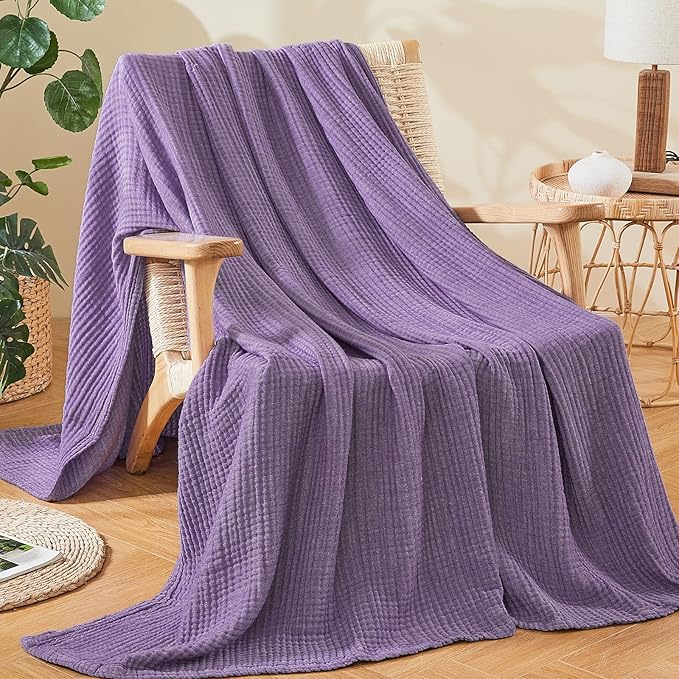EMME Cotton Muslin King Blanket Bed Layering Breathable Gauze Blanket Soft Lightweight Blankets Adults (Purple, 108"x90")