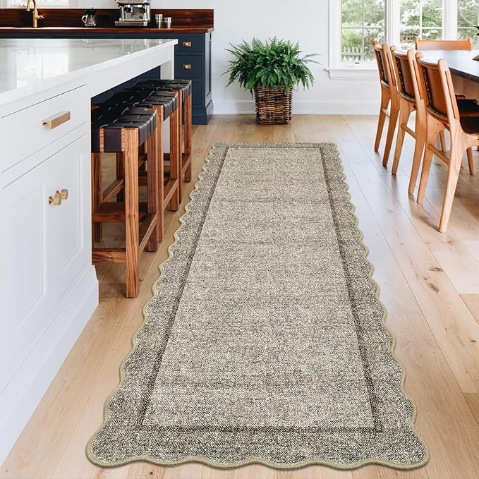 GarveeHome Scalloped Washable Runner Rug 2x10 Runner Modern Kitchen Runner Rug Non Slip Farmhouse Entryway Rug Soft Bathroom Rugs Stain Resistant Carpet for Laundry Bedroom 2 ft x10 ft Brown
