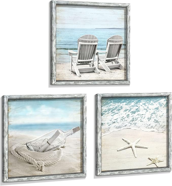 Seascape Pictures Framed Wall Artwork: Ocean Wall Art Set of 3 Beach Chairs & Drift Bottle Wall Art Coastal Prints on Wood for Bedroom