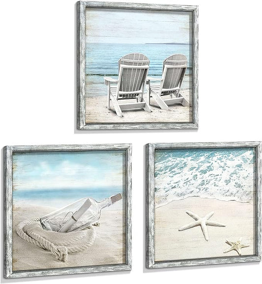 Coastal Pictures Framed Wall Artwork: Seascape Wall Decor Set of 3 Beach Chairs & Drift Bottle Wall Art Starfish Prints on Wood for Bedroom