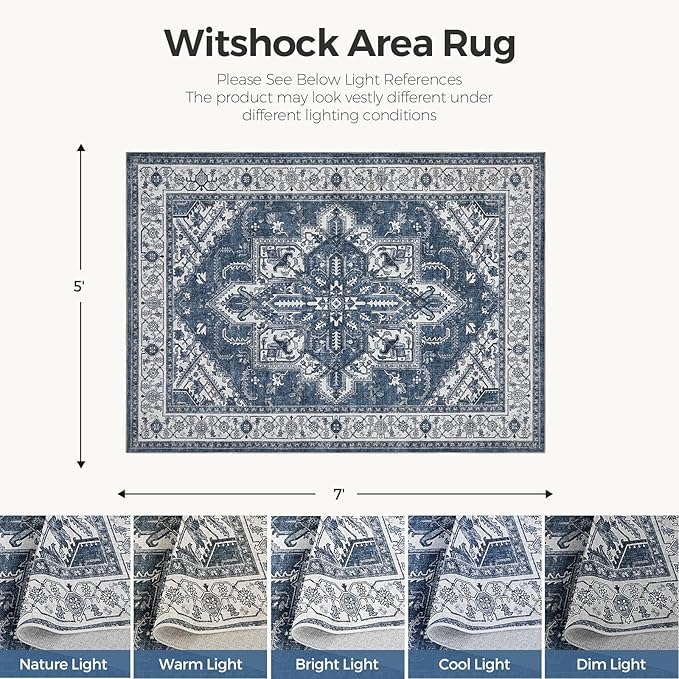WITSHOCK Living Room Area Rugs 5x7: Washable Rug Boho Soft Non-Slip Low Pile Stain Resistant Foldable Carpet for Bedroom Playroom Dining Room Office Kitchen Farmhouse Home Decor Rug-Blue