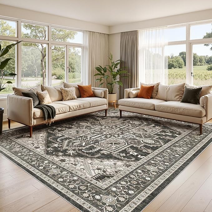 WITSHOCK Black 10x12 Large Living Room Rugs: Washable Modern Vintage Boho Soft Low Pile Stain Resistant Foldable Carpet for Bedroom Playroom Dining Room Office, Distressed Farmhouse Floral Home Decor