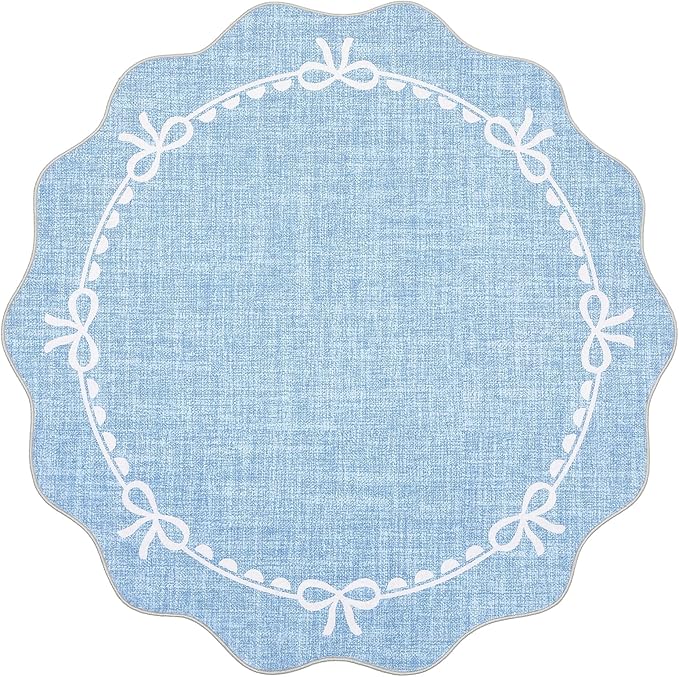 GarveeHome Scalloped Bow Rug for Living Room, 5ft Round Rugs Washable Solid Blue Rug for Dorm Soft Low Pile Non Slip Scalloped Rugs for Nursery Bedroom Decor Hallway Kids Room Playroom