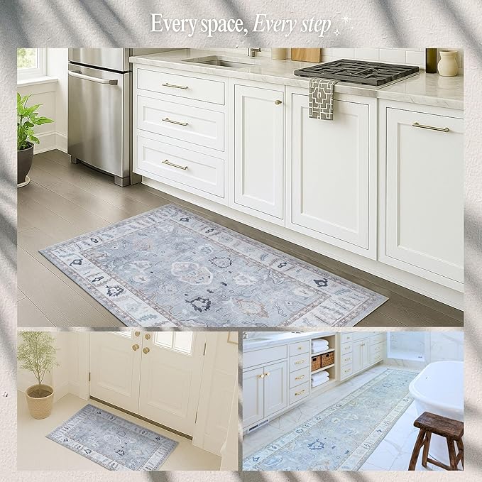 Fame Rugs Gray Modern Oushak Rug 2'6"x7', Washable Vintage Turkish Colorful Oriental Antique Inspired Foldable Small Runner Rugs, Luxury Living Room Bedroom (Gbeige, 2'6" x 7')