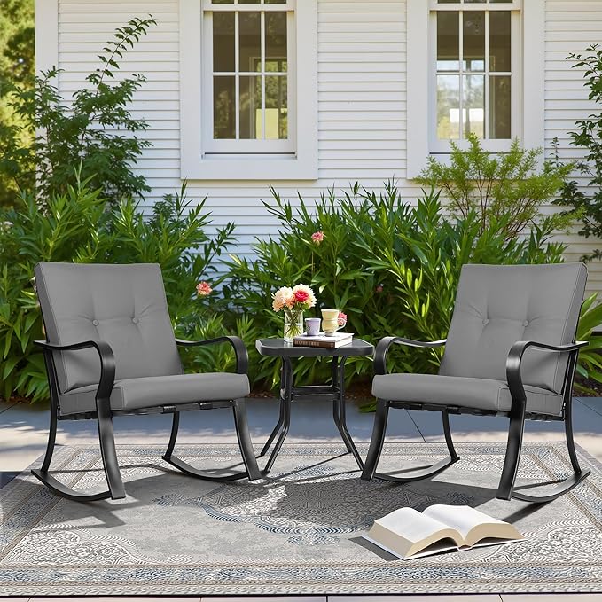 SUNCROWN Outdoor 3-Piece Rocking Chairs Patio Bistro Set Black Steel Furniture with Thickened Cushion and Glass-Top Coffee Table, Grey