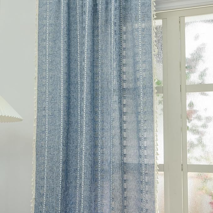 Deeprove Denim Blue Boho Curtain 96 inches Length for Bedroom Dining Room, Rustic Country Bohemian Sheer 96 inches Long Stripe Embroidery Privacy Window Tassel Cottage Decor W52 x L96, 1 Panel