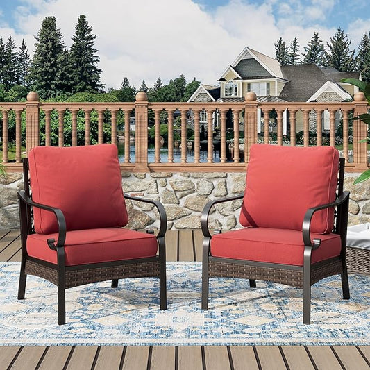 Outdoor Patio Leg Sofa Chairs Set of 2 Steel Frame Porch Furniture with Deep Seating and 5.75" Cushions for Lawn Backyard Deck, Red