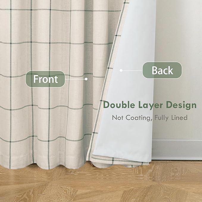 DriftAway 2 Panels 100% Blackout Windowpane Plaid Linen Curtains Double Layer Drapes for Bedroom 96 Inches Long Farmhouse Thermal Insulated 3.25 Inch Rod Pocket Back Tab for Living Room Loden Green