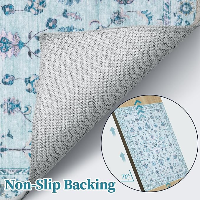 Tangsoo Floral Small Rug 2x3 Washable Rug for Entryways Vintage Non-Slip Area Rugs Light Blue Entry Rugs Distressed Floor Carpet Soft Low Pile Door Mat for Entrance Bedroom Kitchen Foyer Decor