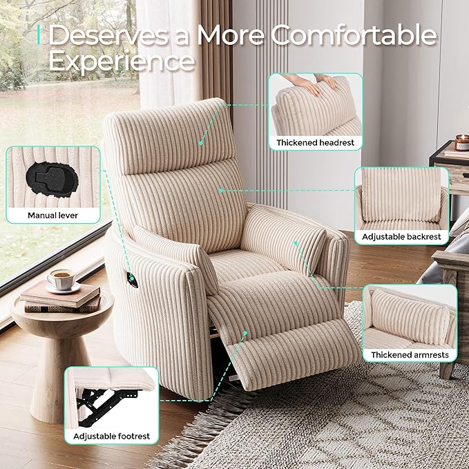 LINSY HOME 360 Swivel Nursery Rocking Chair with 2 Pillows, Corduroy High Back Adult Recliner for Small Spaces, Nursery Glider Rocker Chair, Bedroom Living Room Reclining Chairs (Beige)