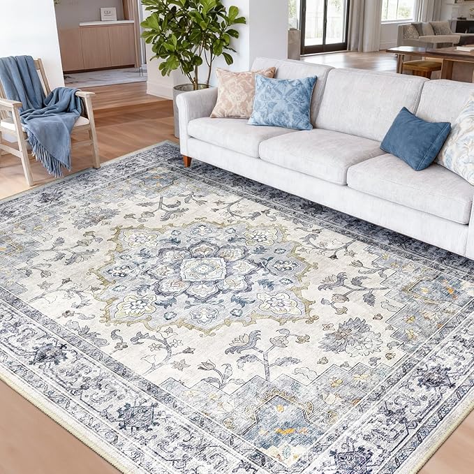 Machine Washable Rugs Nursery Rug 9x12 Area Rugs Girl Non Slip Low Pile Water Repellent Soft Print Pattern for Bedroom Indoor Decor Kids Playroom Bluewhite