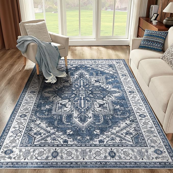 WITSHOCK Living Room Area Rugs 6x9: Washable Rug Boho Soft Non-Slip Low Pile Stain Resistant Foldable Carpet for Bedroom Playroom Dining Room Office Kitchen Farmhouse Home Decor Rug-Blue