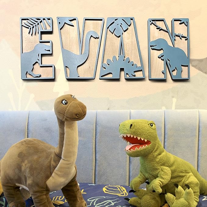 Personalized Wooden Name Sign - Custom Baby Name Signs for Nursery & Kids Room, Baby Announcement Sign, Wall Name Signs Personalized, Round Wooden Letters for Nursery Decor (Dinosaur)