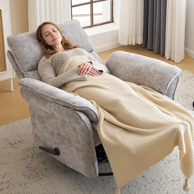 Oversized Glider Rocker Recliner, 26" Extra Wide 360° Swivel Nursery Recliner with Adjustable Headrest, Chenille Rocking Nursery Chair with Overstuffed Armrest, Lumbar Support, Light Grey