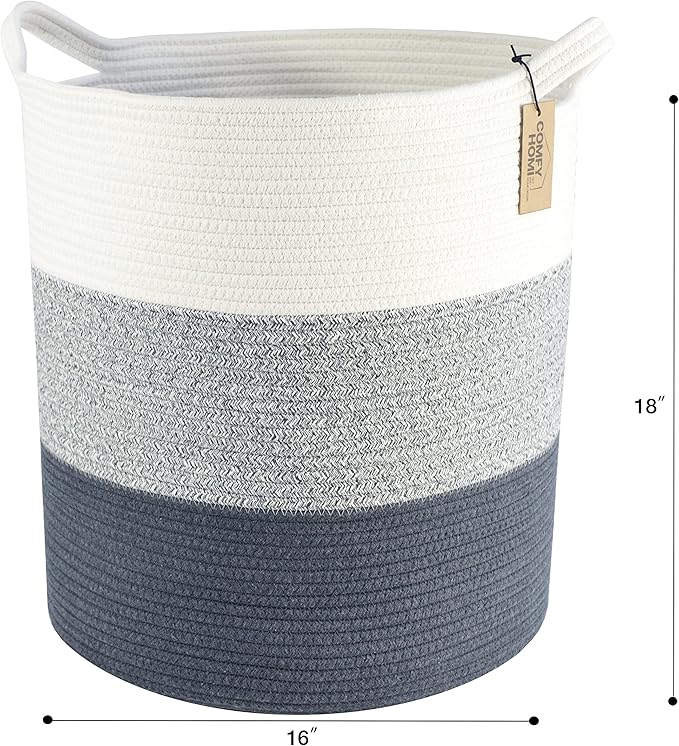 COMFY-HOMI XXL Large Laundry Basket with Handles Blanket Baskets Living Room|Woven Cotton Rope Decorative Basket Laundry Hamper Baby Gift Nursery Dog Toy Storage Organizer Bin-16”x18”-3Tone Grey
