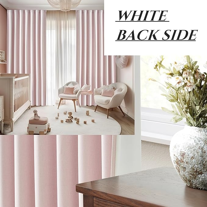 Kawaii Pink Blackout Curtains for Kids Bedroom 96 Inches Long 2 Panels Burg, Energy Efficient/Soundproof Pretty Dorm Curtains 8ft Linen Pleated Drapes for Hooks&Rod Pocket (50" W x 96" L)