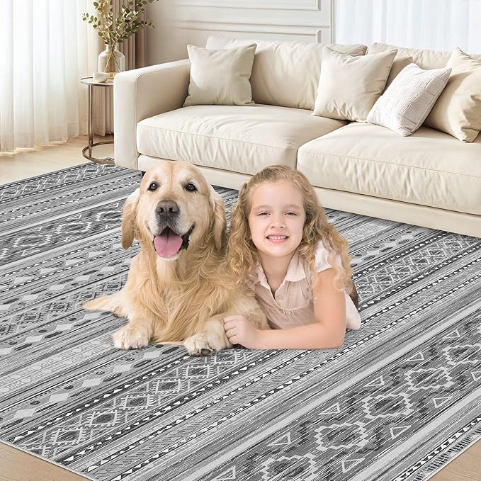 Area Rugs for Living Room Washable Living Room Rug Soft Neutral Indoor Floor Carpet Non-Slip Stain Resistant Modern Boho Rugs for Bedroom Dining Room Kids Room Nursery Office Home Grey/Beige