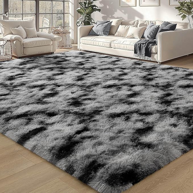 Meralax Tie-Dyed White and Black Rugs for Living Room Bedroom, 5x8 Soft Area Rug Fluffy Shaggy Bedside Rug, Machine Washable Indoor Floor Carpet for Kids Girls Boys, Dorms, Nursery Rooms, Home Decor